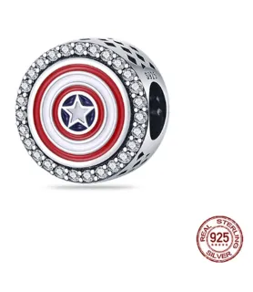 Zilveren bedel met rood en wit Captain America Schild, Pandora-compatibel