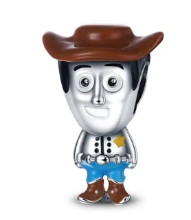 Pandora compatibele zilveren bedel van Sheriff Woody uit Toy Story met bruine hoed, blauwe broek en sheriffster