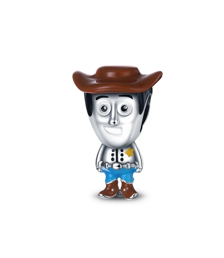 Pandora compatibele zilveren bedel van Sheriff Woody uit Toy Story met bruine hoed, blauwe broek en sheriffster