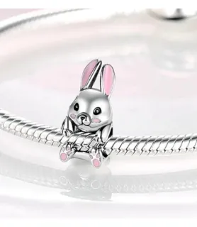 Pandora compatibele zilveren konijn bedel met roze oren en pootjes, sieradenaccessoire