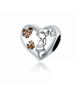 Pandora compatibele hartvormige bedel met zwangere vrouw en oranje hartdetails, sieradenaccessoire