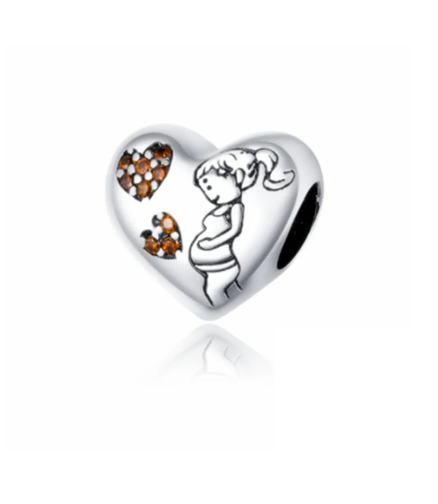 Pandora compatibele hartvormige bedel met zwangere vrouw en oranje hartdetails, sieradenaccessoire