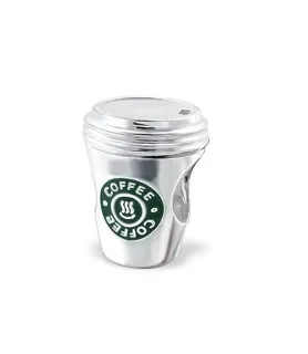 Pandora compatibele bedel in de vorm van een koffiebeker met groen koffielogo, sieradenaccessoire