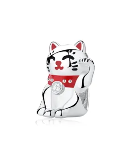 Pandora compatibele bedel van gelukskat met rood halsbanddetail, sieradenaccessoire