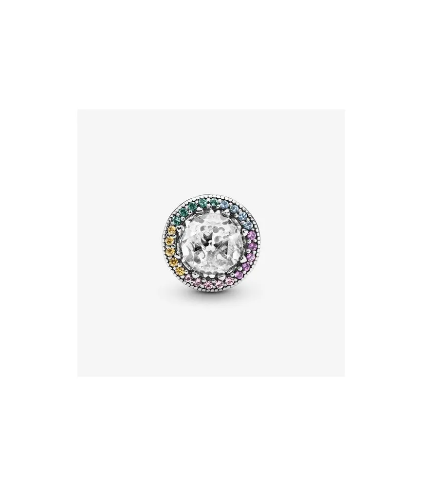 Pandora compatibele ronde bedel met grote transparante steen omringd door gekleurde stenen, sieradenaccessoire