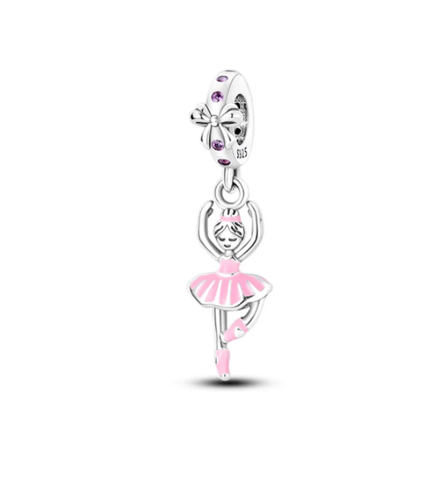 Pandora compatibele bedel van ballerina in roze tutu met paarse steentjes en strikdetail, sieradenaccessoire