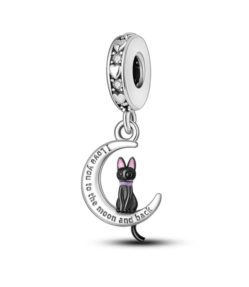 pandora compatibele Zwarte kat bedel op een maan met de tekst "I love you to the moon and back"