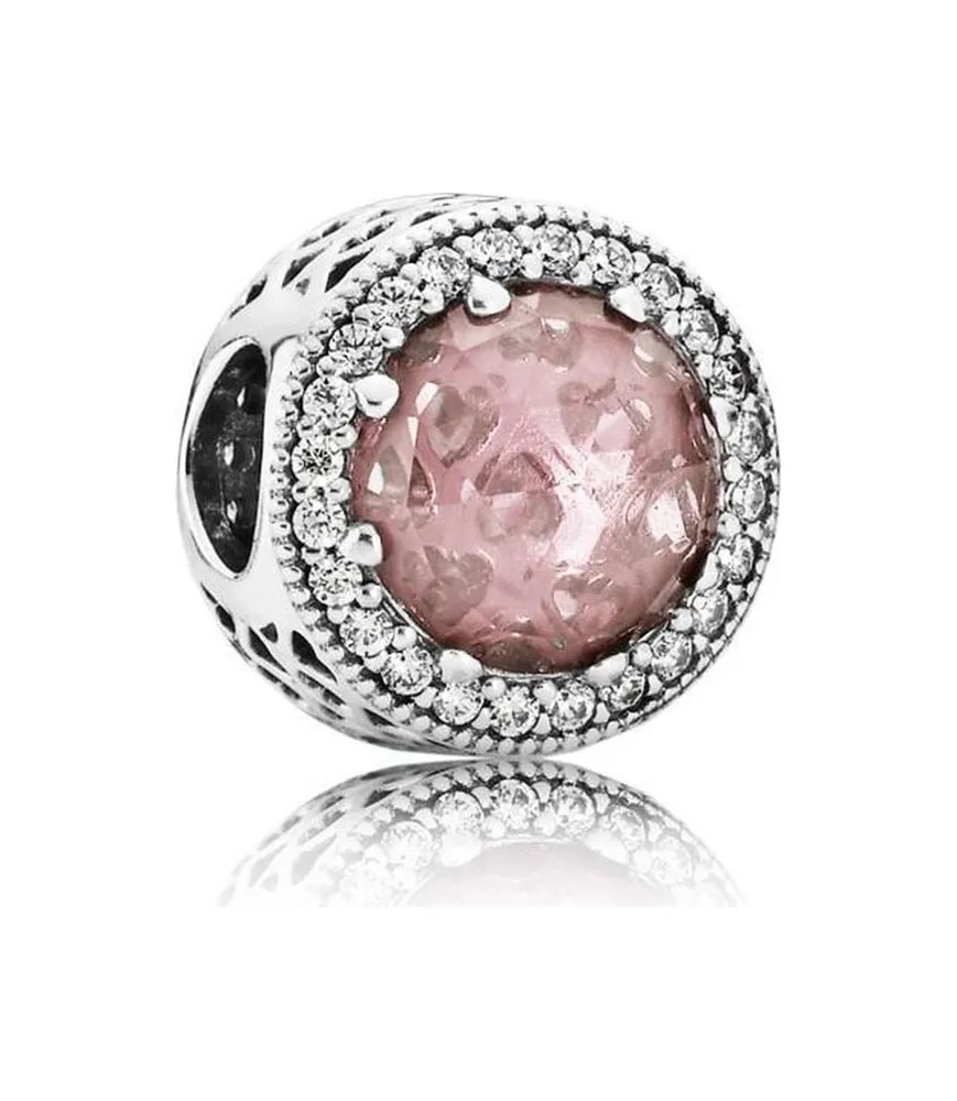 Pandora Compatibele zilveren bedel met roze kristallen en hartjespatroon