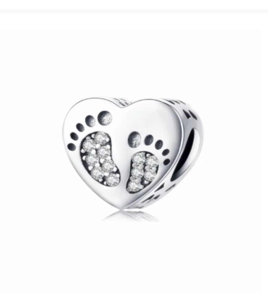 Pandora compatibele hartvormige bedel met kristallen babyvoetjes