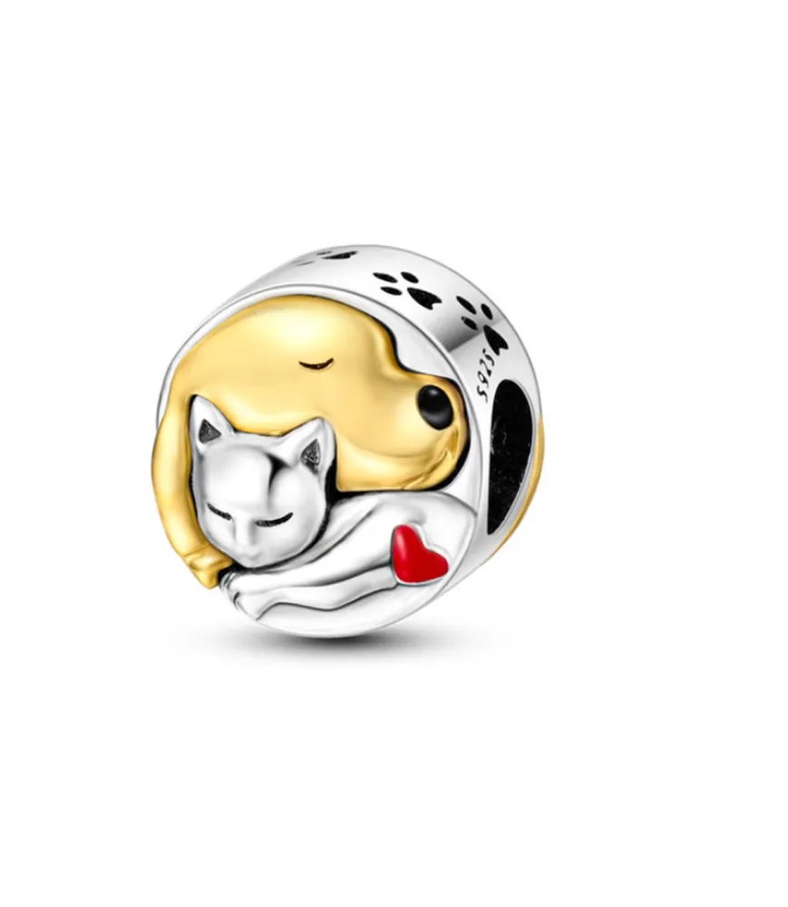 Goud- en zilverkleurige huisdierenbedel met kat en hond, geschikt voor Pandora armbanden.