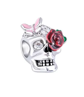 Fler® Sugar Skull bedel met rode roos en roze vlinder, vooraanzicht, compatibel met Pandora armbanden