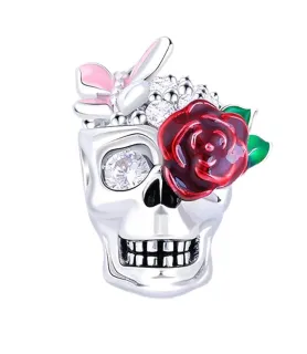 Fler® Sugar Skull bedel met rode roos en roze vlinder, vooraanzicht, compatibel met Pandora armbanden