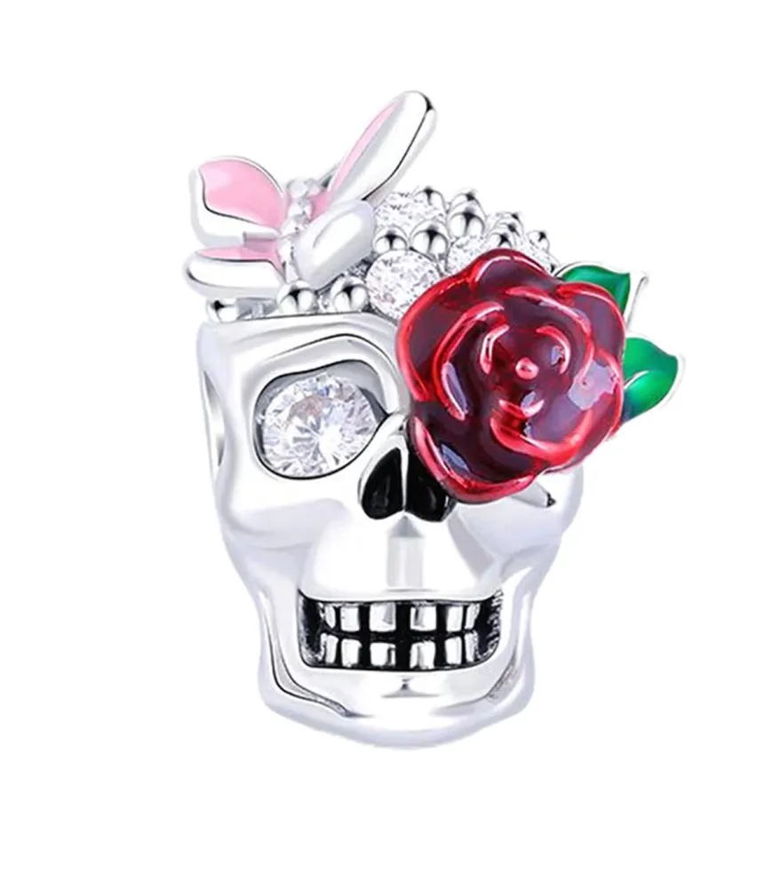 Fler® Sugar Skull bedel met rode roos en roze vlinder, vooraanzicht, compatibel met Pandora armbanden