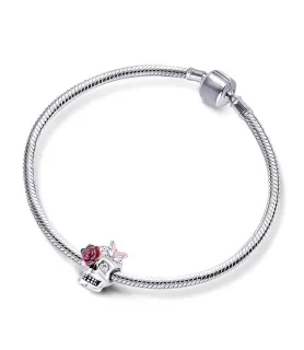 Fler® Sugar Skull bedel met rode roos en roze vlinder, vooraanzicht, compatibel met Pandora armbanden