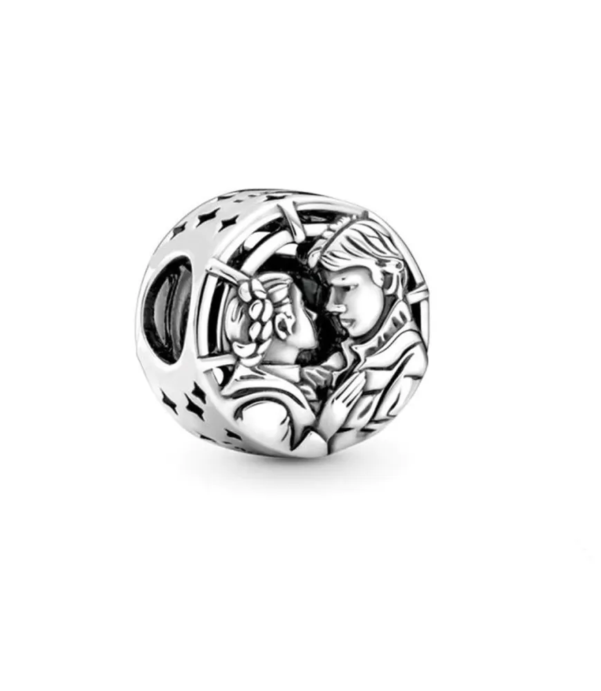 Fler® Star Wars Han Solo en Leia Kus bedel, zilverkleurig ontwerp, vooraanzicht, compatibel met Pandora armbanden