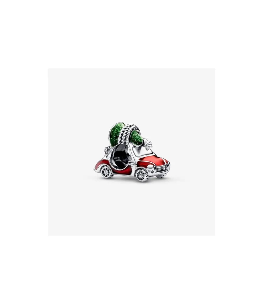 Fler® bedel van auto met kerstboom op het dak, rode, groene en zilveren details, Pandora compatibel
