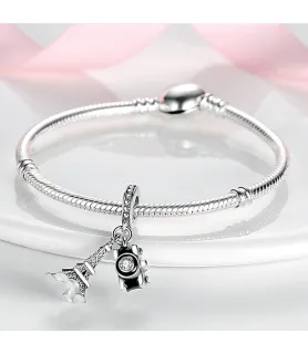 Fler® Eifeltoren & Camera bedel, zilverkleurig met kristallen details, vooraanzicht, compatibel met Pandora armbanden