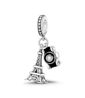 Fler® Eifeltoren & Camera bedel, zilverkleurig met kristallen details, vooraanzicht, compatibel met Pandora armbanden