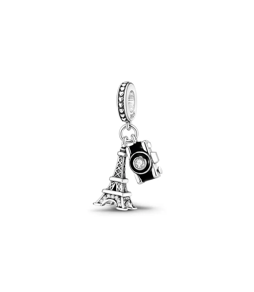 Fler® Eifeltoren & Camera bedel, zilverkleurig met kristallen details, vooraanzicht, compatibel met Pandora armbanden