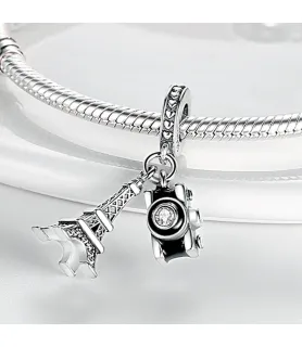 Fler® Eifeltoren & Camera bedel, zilverkleurig met kristallen details, vooraanzicht, compatibel met Pandora armbanden