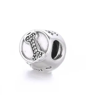 Fler® Honden Voerbak bedel, zilverkleurig met pootafdruk en bot, vooraanzicht, compatibel met Pandora armbanden