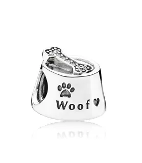 Fler® Honden Voerbak bedel, zilverkleurig met pootafdruk en bot, vooraanzicht, compatibel met Pandora armbanden