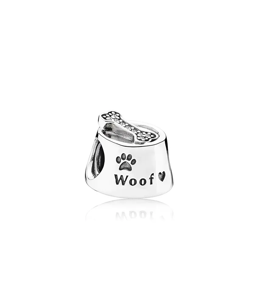 Fler® Honden Voerbak bedel, zilverkleurig met pootafdruk en bot, vooraanzicht, compatibel met Pandora armbanden