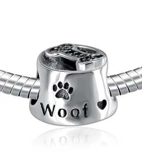 Fler® Honden Voerbak bedel, zilverkleurig met pootafdruk en bot, vooraanzicht, compatibel met Pandora armbanden