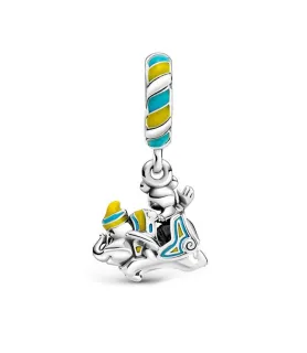 Fler® Mickey & Dumbo bedel, zilverkleurig met blauwe en gele accenten, vooraanzicht, compatibel met Pandora armbanden