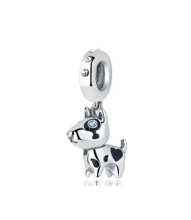 Fler® Bull Terriër bedel, zilverkleurig met zwarte en witte accenten, zijaanzicht, compatibel met Pandora armbanden