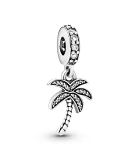 Fler® Sprankelende Palmboom bedel, zilverkleurig met kristallen, vooraanzicht, compatibel met Pandora armbanden