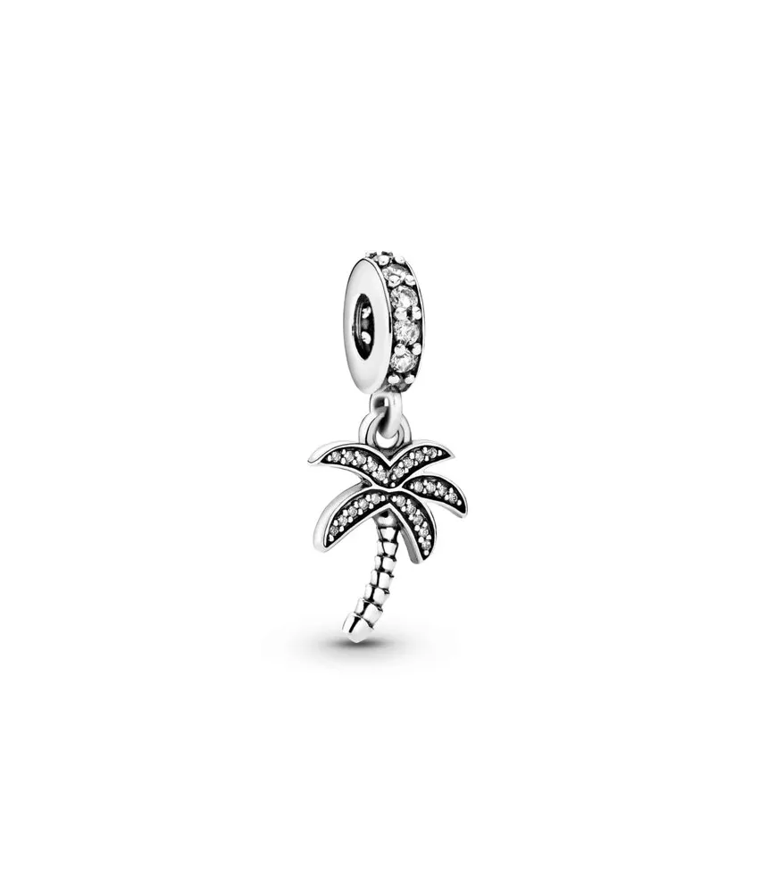 Fler® Sprankelende Palmboom bedel, zilverkleurig met kristallen, vooraanzicht, compatibel met Pandora armbanden