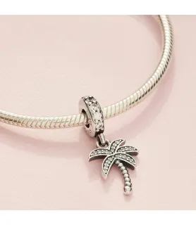 Fler® Sprankelende Palmboom bedel, zilverkleurig met kristallen, vooraanzicht, compatibel met Pandora armbanden