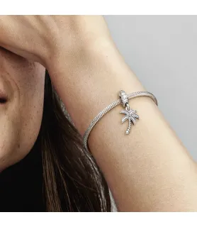 Fler® Sprankelende Palmboom bedel, zilverkleurig met kristallen, vooraanzicht, compatibel met Pandora armbanden