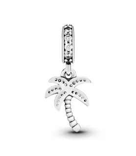Fler® Sprankelende Palmboom bedel, zilverkleurig met kristallen, vooraanzicht, compatibel met Pandora armbanden