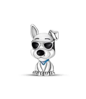 Fler® Coole Hond met Zonnebril bedel, zilverkleurig met zwarte zonnebril, vooraanzicht, compatibel met Pandora armbanden