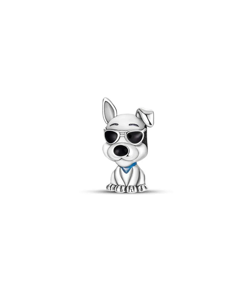 Fler® Coole Hond met Zonnebril bedel, zilverkleurig met zwarte zonnebril, vooraanzicht, compatibel met Pandora armbanden