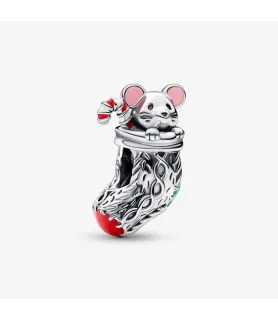 Fler® Feestelijke Muis & Kous bedel, zilverkleurig met rode en groene accenten, vooraanzicht, compatibel met Pandora armbanden